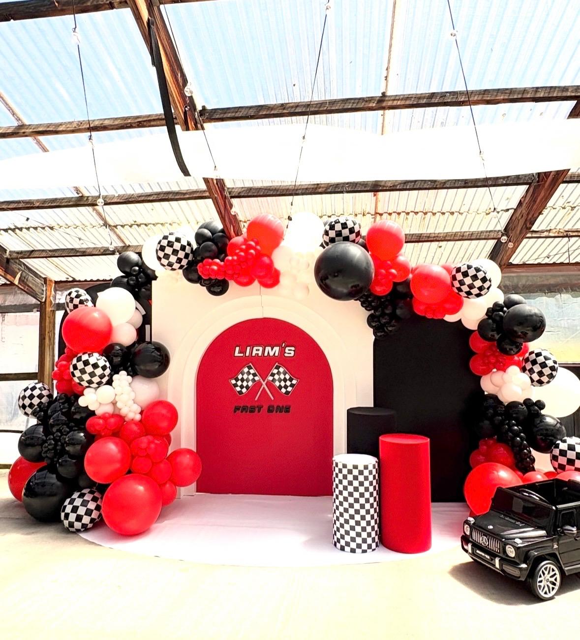 Red black and white racing birthday backdrop